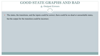 GOOD STATE GRAPHS AND BAD
4. Output Errors
 The states, the transitions, and the inputs could be correct, there could be no dead or unreachable states,
but the output for the transition could be incorrect.
 