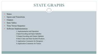 STATE GRAPHS
 States
 Inputs and Transitions
 Outputs
 State Tables
 Time Versus Sequence
 Software Implementation
1. Implementation and Operation
2.Input Encoding and Input Alphabet
3.Output Encoding and Output Alphabet
4.State Codes and State-Symbol Products
5.Application Comments for Designers
6.Application Comments for Testers
 