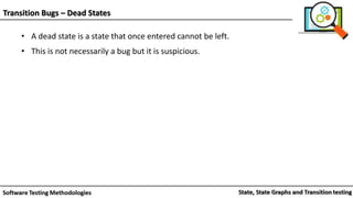 Transition Bugs – Dead States
• A dead state is a state that once entered cannot be left.
• This is not necessarily a bug but it is suspicious.
 