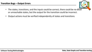 Transition Bugs – Output Errors
• The states, transitions, and the inputs could be correct, there could be no dead
or unreachable states, but the output for the transition could be incorrect.
• Output actions must be verified independently of states and transitions
 