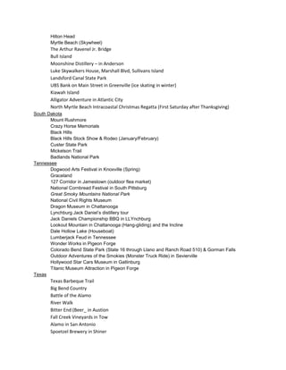 Hilton Head
Myrtle Beach (Skywheel)

The Arthur Ravenel Jr. Bridge
Bull Island
Moonshine Distillery – in Anderson
Luke Skywalkers House, Marshall Blvd, Sullivans Island
Landsford Canal State Park
UBS Bank on Main Street in Greenville (ice skating in winter)
Kiawah Island
Alligator Adventure in Atlantic City
North Myrtle Beach Intracoastal Christmas Regatta (First Saturday after Thanksgiving)
South Dakota
Mount Rushmore
Crazy Horse Memorials
Black Hills
Black Hills Stock Show & Rodeo (January/February)
Custer State Park
Mickelson Trail
Badlands National Park
Tennessee
Dogwood Arts Festival in Knoxville (Spring)
Graceland
127 Corridor in Jamestown (outdoor flea market)
National Cornbread Festival in South Pittsburg
Great Smoky Mountains National Park
National Civil Rights Museum
Dragon Museum in Chattanooga
Lynchburg Jack Daniel’s distillery tour
Jack Daniels Championship BBQ in LLYnchburg
Lookout Mountain in Chattanooga (Hang-gliding) and the Incline
Dale Hollow Lake (Houseboat)
Lumberjack Feud in Tennessee
Wonder Works in Pigeon Forge
Colorado Bend State Park (State 16 through Llano and Ranch Road 510) & Gorman Falls
Outdoor Adventures of the Smokies (Monster Truck Ride) in Sevierville
Hollywood Star Cars Museum in Gatlinburg
Titanic Museum Attraction in Pigeon Forge
Texas

Texas Barbeque Trail
Big Bend Country
Battle of the Alamo
River Walk
Bitter End (Beer_ in Austion
Fall Creek Vineyards in Tow
Alamo in San Antonio
Spoetzel Brewery in Shiner

 