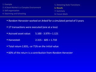 Random Harvester  worked on  Arbed  for a simulated period of 3 years  17 transactions were executed (one at a loss) Accrued asset value: 5.100 - 3.979 = 1.121 Harvested:  2.315 -  605 = 1.710 Total return 2.831,- or 71% on the initial value 60% of the return is a contribution from  Random Harvester 1. Example 2. A Stock Market is a Complex Environment 3. Self-organization 4. Swarming and Schooling 5. Detecting State Transitions 6. Results 7. Summary 8. Future Work 