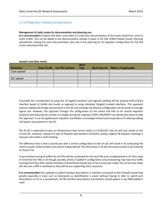 State University DC Network Assessment March 2013
_____________________________________________________________________________________
_____________________________________________________________________________________
8
2.3 IO Migration related considerations
Management of static routes for documentation and planning use:
It is recommended to Export VSX static route table to a matrix for documentation of the routes listed from north to
south VLANs. This can be added to the documentation already in place in the VSX 21500 Firewall Cluster Planning
spreadsheet. Having this extra documentation also aids in the planning for IO migration configuration for the VSX
cluster planned at that site.
Sample route flow matrix
Direction Dest VLAN via FW inteface
Next
hop Next Hop Int Metric if applicable
Core subnet
DC subnet
If possible the consideration of using the 10 Gigabit interfaces and logically splitting off the physical Eth0-2/3/4-x
interface based L3 VLANs into trunks as opposed to using individual 1Gigabit trunked interfaces. This approach
reduces cabling and energy requirements in the DC and converge the physical configuration into an easier to manage
logical one. However, this approach changes the configuration on the switch and FWs so for overall migration
simplicity and reducing the number of changes during the migration STATE UNIVERSITY can decide best when to take
this approach. It can be applied post migration and follows a converged infrastructure byproduct of reducing cabling
and power requirements in the DC.
The IO DC is expected to have an infrastructure that mirrors what is in ECA/LOC1 thus IO will look similar to the
current DC. However, instead of a pair of firewalls split between ECA/LOC1 acting a logical FW between buildings a
new pair will reside in each building.
The difference here is that a second pair with a similar configuration to that of LOC will reside in IO conducting the
north to south L3 demarcation and control independently. The FW clusters in IO will not communicate or be clustered
to those in Az..
It was mention tuning of buffers for all CPUs will be conducted for the new FWs prior to deployment in IO. Also, keep
in mind that the FWs in IO though possibly similar in platform configuration and provisioning may have less traffic
crossing them thus their overall utilization and workload may be less of the current pair today. The current pair today
will also see a shift in workload as they will be just supporting LOC1 resources.
It is recommended that updated or added Interface descriptions in switches connected to the Firewalls would help
greatly especially in tools such as Solarwinds so identification is easier without having to refer to switch port
descriptions on CLI or a spreadsheet. All FW interface descriptions and statistics should appear in any NMS platform
used.
 