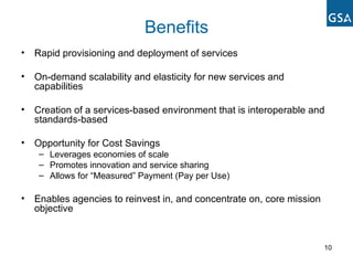 Benefits Rapid provisioning and deployment of services On-demand scalability and elasticity for new services and capabilities Creation of a services-based environment that is interoperable and standards-based Opportunity for Cost Savings Leverages economies of scale Promotes innovation and service sharing Allows for “Measured” Payment (Pay per Use) Enables agencies to reinvest in, and concentrate on, core mission objective 