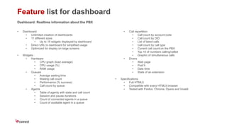 Feature list for dashboard
Dashboard: Realtime information about the PBX
• Dashboard
• Unlimited creation of dashboards
• 11 different sizes
• Up to 18 widgets displayed by dashboard
• Direct URL to dashboard for simplified usage
• Optimized for display on large screens
• Widgets :
• Hardware
• CPU graph (load average)
• CPU usage (%)
• RAM usage
• Queues
• Average waiting time
• Waiting call count
• Performance (% success)
• Call count by queue
• Agents
• Table of agents with state and call count
• Session and pause durations
• Count of connected agents in a queue
• Count of available agent in a queue
• Call repartition
• Call count by account code
• Call count by DID
• List of latest calls
• Call count by call type
• Current call count on the PBX
• Top 10 of numbers calling/called
• Graphic of simultaneous calls
• Divers
• Web page
• Post’it
• Date time
• State of an extension
• Specifications
• Full HTML5
• Compatible with every HTML5 browser
• Tested with Firefox, Chrome, Opera and Vivaldi
 