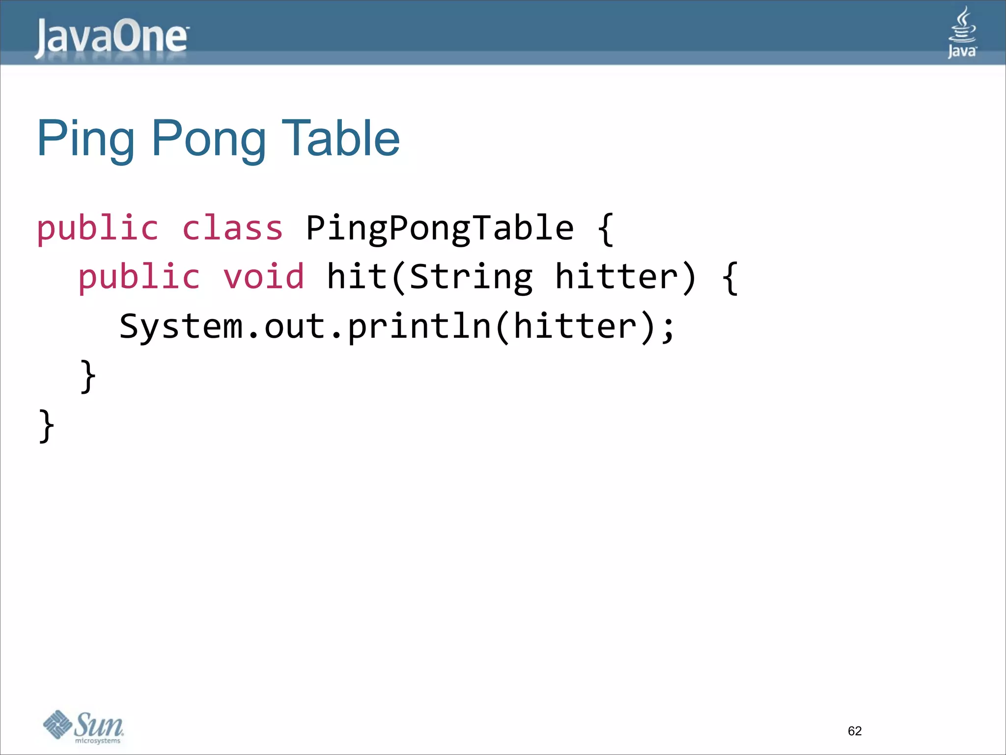 Ping Pong Table
public class PingPongTable {
  public void hit(String hitter) {
    System.out.println(hitter);
  }
}




                                     62
 