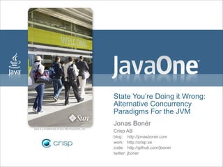 State You’re Doing it Wrong:
Alternative Concurrency
Paradigms For the JVM
Jonas Bonér
Crisp AB
blog: http://jonasboner.co...