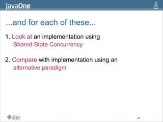 ...and for each of these...
1. Look at an implementation using
   Shared-State Concurrency

2. Compare with implementation...
