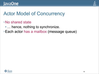 Actor Model of Concurrency
> No shared state
   … hence, nothing to synchronize.

> Each actor has a mailbox (message que...