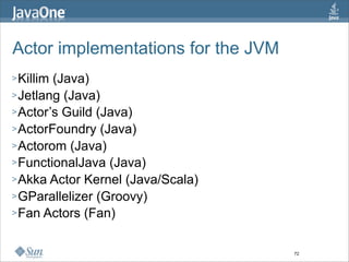 Actor implementations for the JVM
> Killim(Java)
> Jetlang (Java)
> Actor’s Guild (Java)
> ActorFoundry (Java)
> Actorom (...