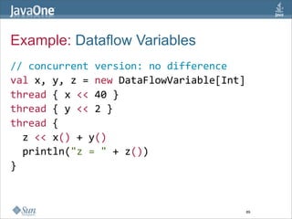 Example: Dataflow Variables
// concurrent version: no difference
val x, y, z = new DataFlowVariable[Int]  
thread { x << 4...