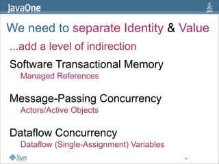 We need to separate Identity & Value
...add a level of indirection
Software Transactional Memory
  Managed References

Message-Passing Concurrency
  Actors/Active Objects

Dataflow Concurrency
  Dataflow (Single-Assignment) Variables
                                           17
 