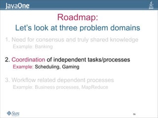 Roadmap:
   Let’s look at three problem domains
1. Need for consensus and truly shared knowledge
  Example: Banking

2. Coordination of independent tasks/processes
  Example: Scheduling, Gaming

3. Workflow related dependent processes
  Example: Business processes, MapReduce




                                                 59
 