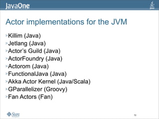 Actor implementations for the JVM
> Killim(Java)
> Jetlang (Java)
> Actor’s Guild (Java)
> ActorFoundry (Java)
> Actorom (Java)
> FunctionalJava (Java)
> Akka Actor Kernel (Java/Scala)
> GParallelizer (Groovy)
> Fan Actors (Fan)



                                    72
 