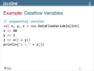 Example: Dataflow Variables
// sequential version
val x, y, z = new DataFlowVariable[Int]  
x << 40 
y << 2
z << x() + y()  
println("z = " + z())  




                                       88
 