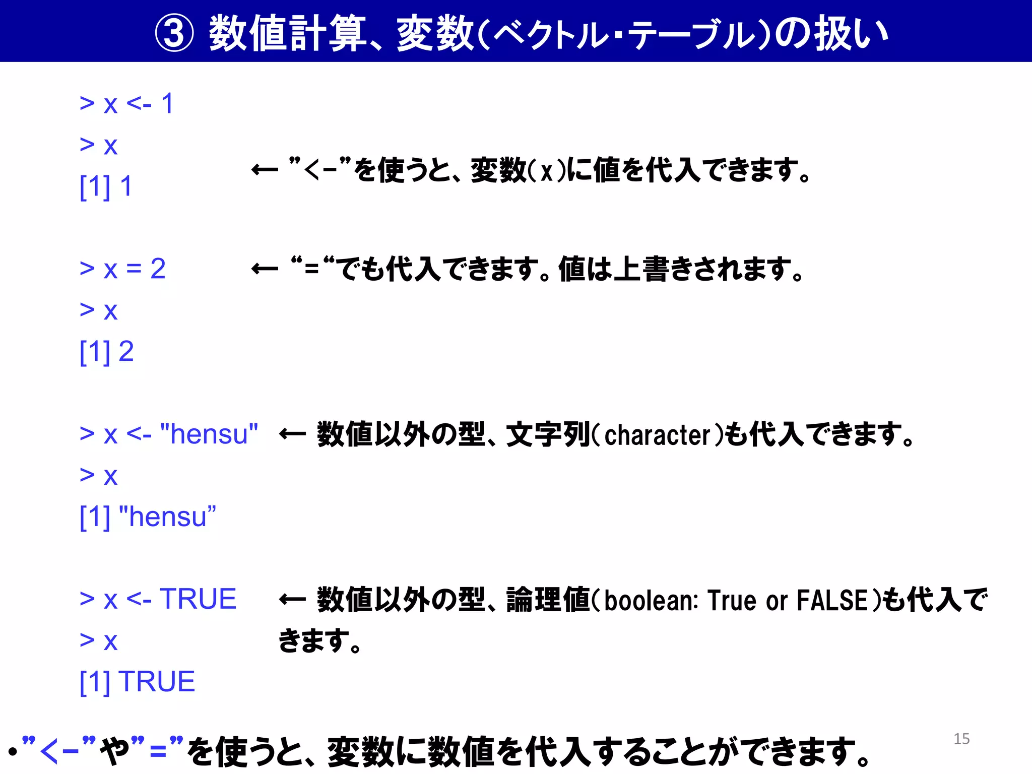 ・”<-”や”=”を使うと、変数に数値を代入することができます。
> x <- 1
> x
[1] 1
> x = 2
> x
[1] 2
> x <- "hensu"
> x
[1] "hensu”
> x <- TRUE
> x
[1] TRUE
← ”<-”を使うと、変数（x）に値を代入できます。
← “=“でも代入できます。値は上書きされます。
← 数値以外の型、文字列（character）も代入できます。
← 数値以外の型、論理値（boolean: True or FALSE）も代入で
きます。
③ 数値計算、変数（ベクトル・テーブル）の扱い
15
 