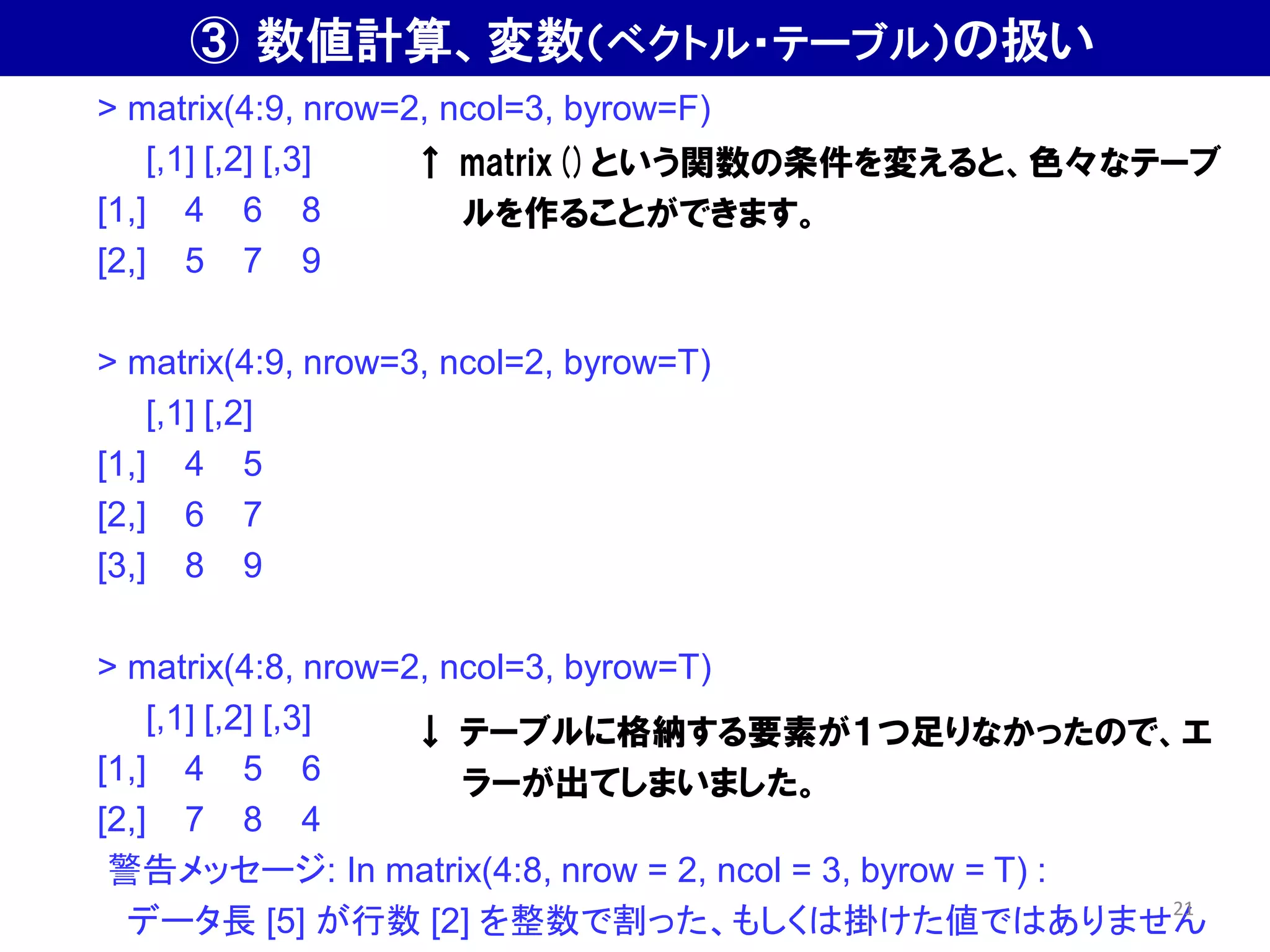 > matrix(4:9, nrow=2, ncol=3, byrow=F)
[,1] [,2] [,3]
[1,] 4 6 8
[2,] 5 7 9
> matrix(4:9, nrow=3, ncol=2, byrow=T)
[,1] [,2]
[1,] 4 5
[2,] 6 7
[3,] 8 9
> matrix(4:8, nrow=2, ncol=3, byrow=T)
[,1] [,2] [,3]
[1,] 4 5 6
[2,] 7 8 4
警告メッセージ: In matrix(4:8, nrow = 2, ncol = 3, byrow = T) :
データ長 [5] が行数 [2] を整数で割った、もしくは掛けた値ではありません
↑ matrix()という関数の条件を変えると、色々なテーブ
ルを作ることができます。
↓ テーブルに格納する要素が１つ足りなかったので、エ
ラーが出てしまいました。
③ 数値計算、変数（ベクトル・テーブル）の扱い
21
 