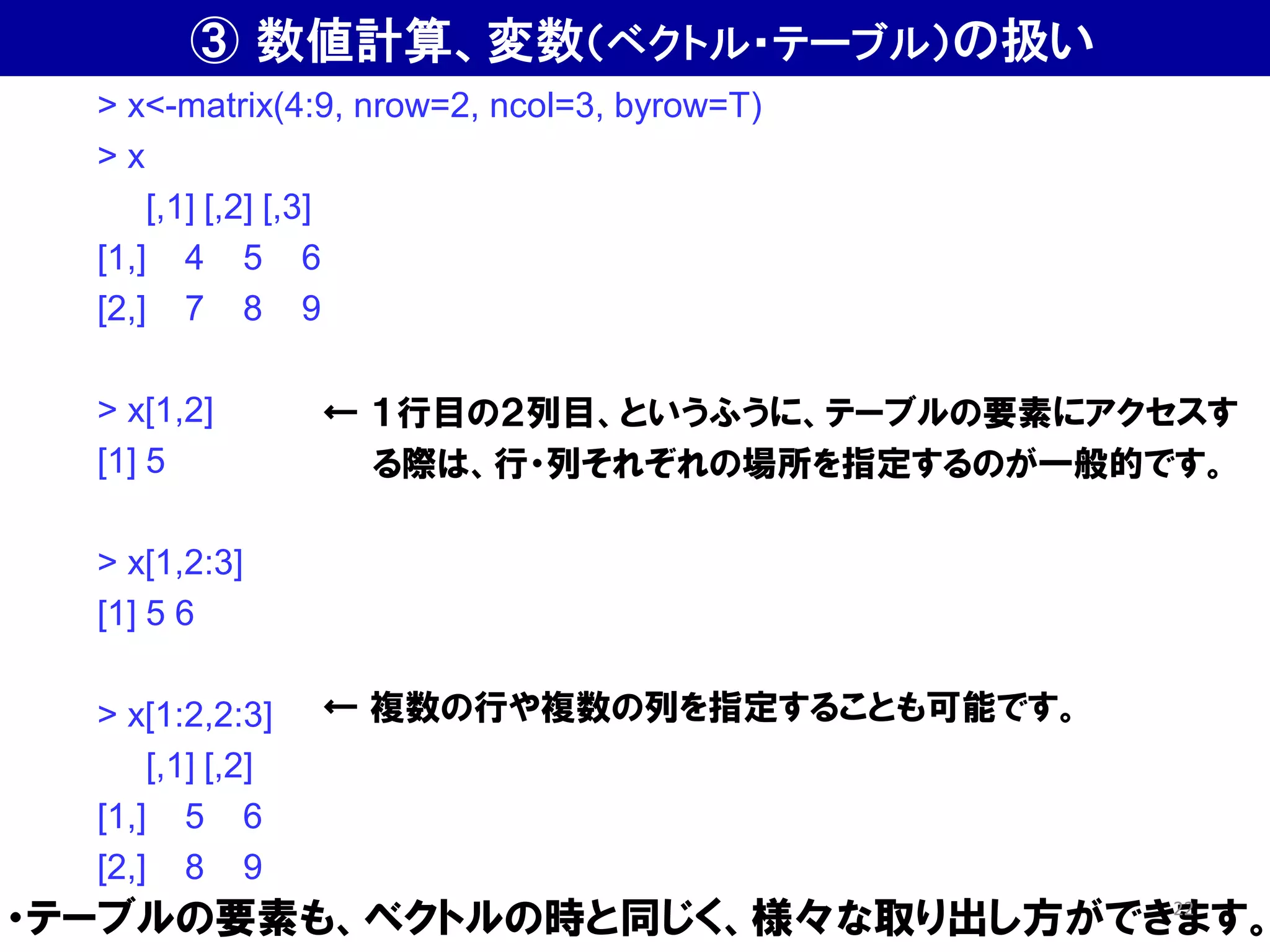 ・テーブルの要素も、ベクトルの時と同じく、様々な取り出し方ができます。
> x<-matrix(4:9, nrow=2, ncol=3, byrow=T)
> x
[,1] [,2] [,3]
[1,] 4 5 6
[2,] 7 8 9
> x[1,2]
[1] 5
> x[1,2:3]
[1] 5 6
> x[1:2,2:3]
[,1] [,2]
[1,] 5 6
[2,] 8 9
← １行目の２列目、というふうに、テーブルの要素にアクセスす
る際は、行・列それぞれの場所を指定するのが一般的です。
← 複数の行や複数の列を指定することも可能です。
③ 数値計算、変数（ベクトル・テーブル）の扱い
22
 