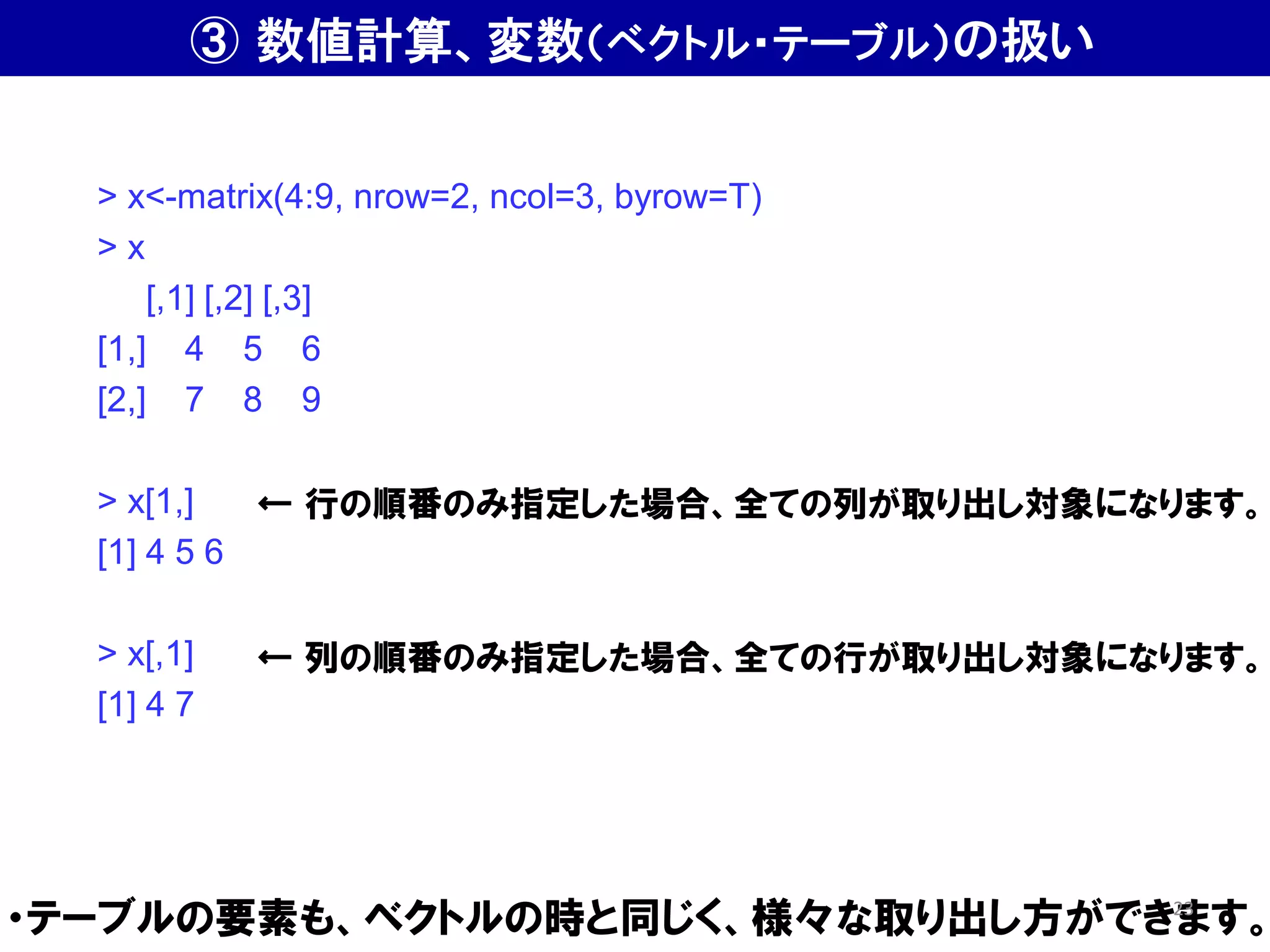 ・テーブルの要素も、ベクトルの時と同じく、様々な取り出し方ができます。
> x<-matrix(4:9, nrow=2, ncol=3, byrow=T)
> x
[,1] [,2] [,3]
[1,] 4 5 6
[2,] 7 8 9
> x[1,]
[1] 4 5 6
> x[,1]
[1] 4 7
← 行の順番のみ指定した場合、全ての列が取り出し対象になります。
← 列の順番のみ指定した場合、全ての行が取り出し対象になります。
③ 数値計算、変数（ベクトル・テーブル）の扱い
23
 