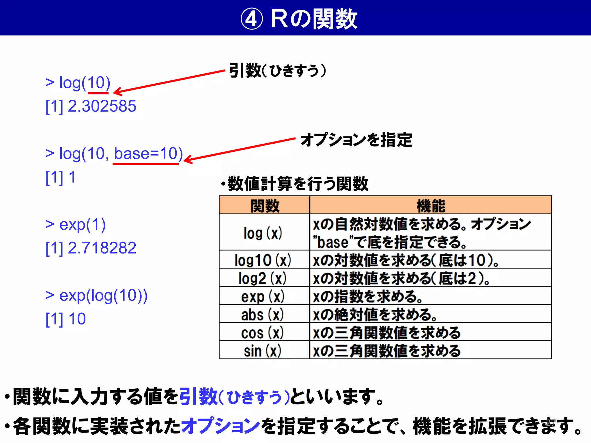 ④ Ｒの関数
・関数に入力する値を引数（ひきすう）といいます。
・各関数に実装されたオプションを指定することで、機能を拡張できます。
> log(10)
[1] 2.302585
> log(10, base=10)
[1] 1
> exp(1)
[1] 2.718282
> exp(log(10))
[1] 10
引数（ひきすう）
オプションを指定
・数値計算を行う関数
27
 
