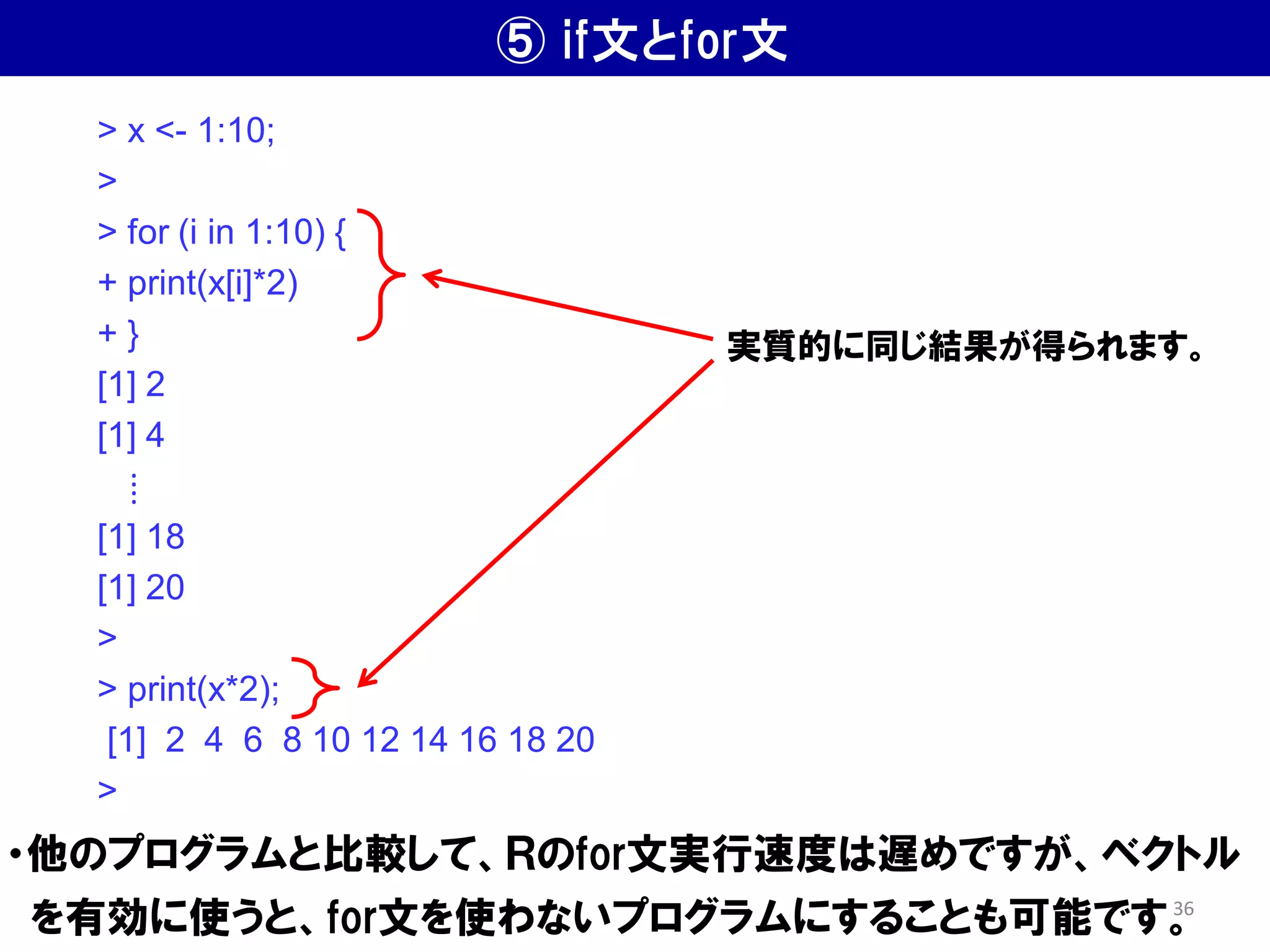 ⑤ if文とfor文
・他のプログラムと比較して、Ｒのfor文実行速度は遅めですが、ベクトル
を有効に使うと、for文を使わないプログラムにすることも可能です。
> x <- 1:10;
>
> for (i in 1:10) {
+ print(x[i]*2)
+ }
[1] 2
[1] 4
⁞
[1] 18
[1] 20
>
> print(x*2);
[1] 2 4 6 8 10 12 14 16 18 20
>
実質的に同じ結果が得られます。
36
 