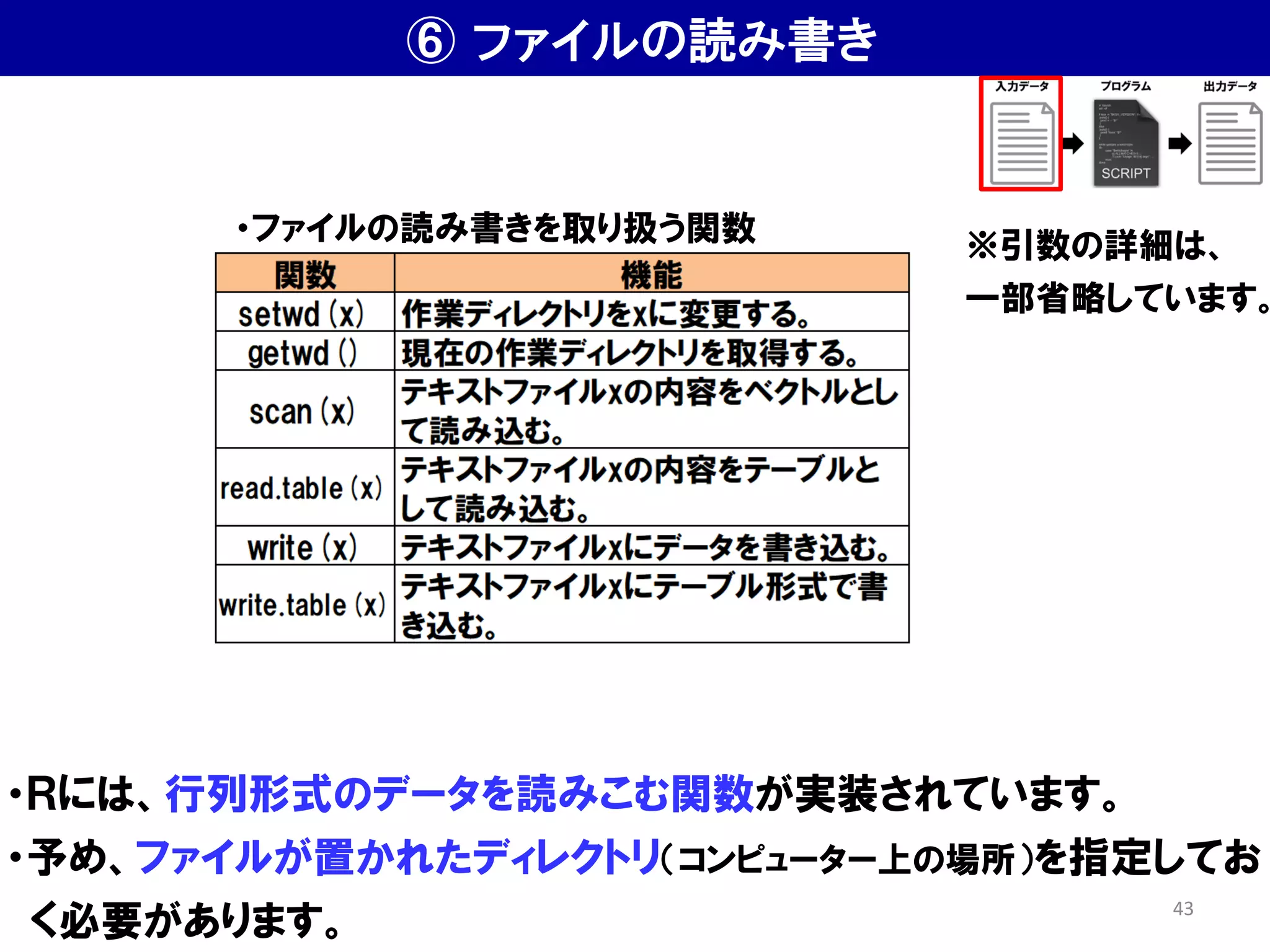 ⑥ ファイルの読み書き
・Ｒには、行列形式のデータを読みこむ関数が実装されています。
・予め、ファイルが置かれたディレクトリ（コンピューター上の場所）を指定してお
く必要があります。
・ファイルの読み書きを取り扱う関数 ※引数の詳細は、
一部省略しています。
43
 