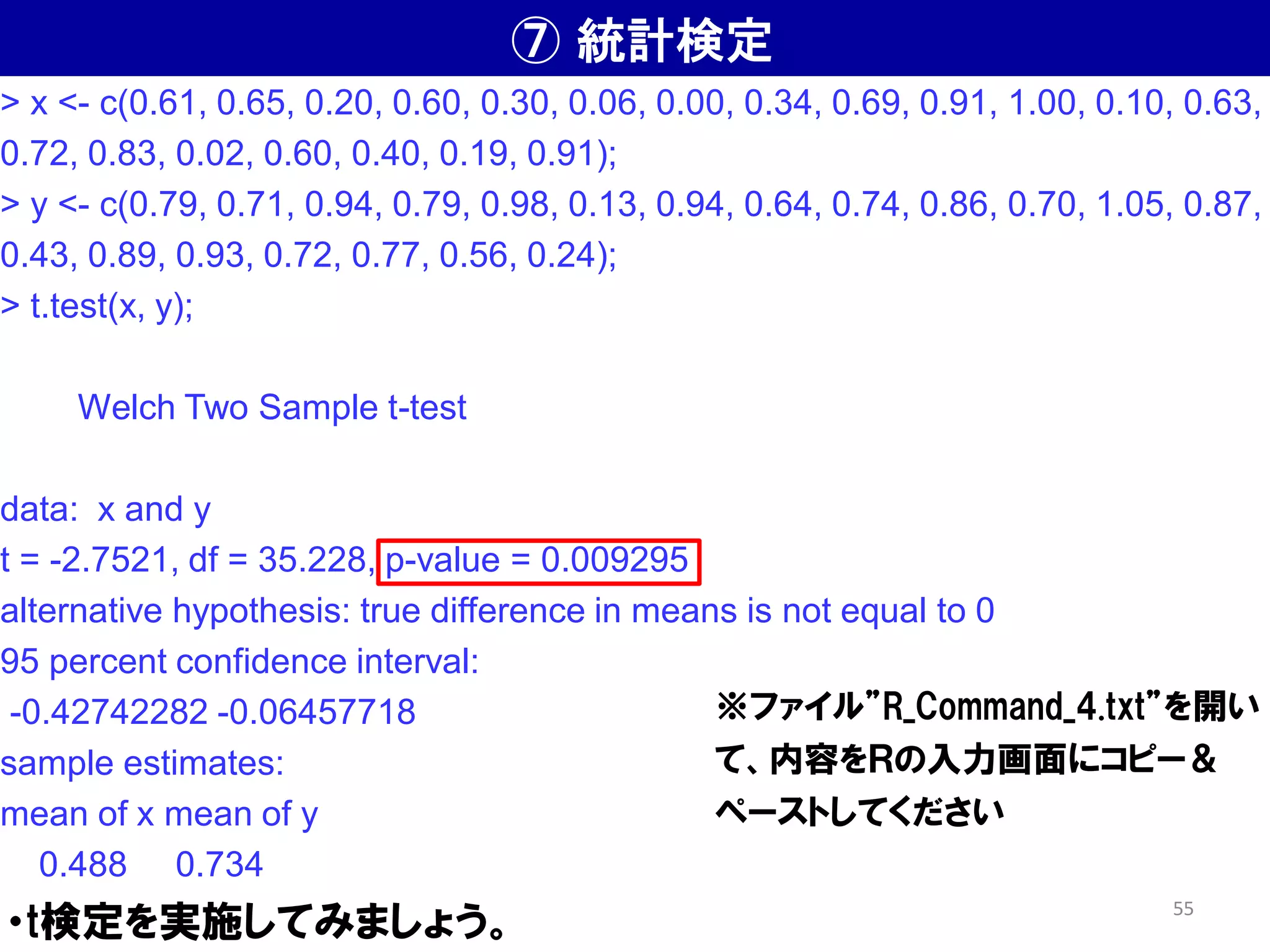 ⑦ 統計検定
・t検定を実施してみましょう。
> x <- c(0.61, 0.65, 0.20, 0.60, 0.30, 0.06, 0.00, 0.34, 0.69, 0.91, 1.00, 0.10, 0.63,
0.72, 0.83, 0.02, 0.60, 0.40, 0.19, 0.91);
> y <- c(0.79, 0.71, 0.94, 0.79, 0.98, 0.13, 0.94, 0.64, 0.74, 0.86, 0.70, 1.05, 0.87,
0.43, 0.89, 0.93, 0.72, 0.77, 0.56, 0.24);
> t.test(x, y);
Welch Two Sample t-test
data: x and y
t = -2.7521, df = 35.228, p-value = 0.009295
alternative hypothesis: true difference in means is not equal to 0
95 percent confidence interval:
-0.42742282 -0.06457718
sample estimates:
mean of x mean of y
0.488 0.734
※ファイル”R_Command_4.txt”を開い
て、内容をＲの入力画面にコピー＆
ペーストしてください
55
 