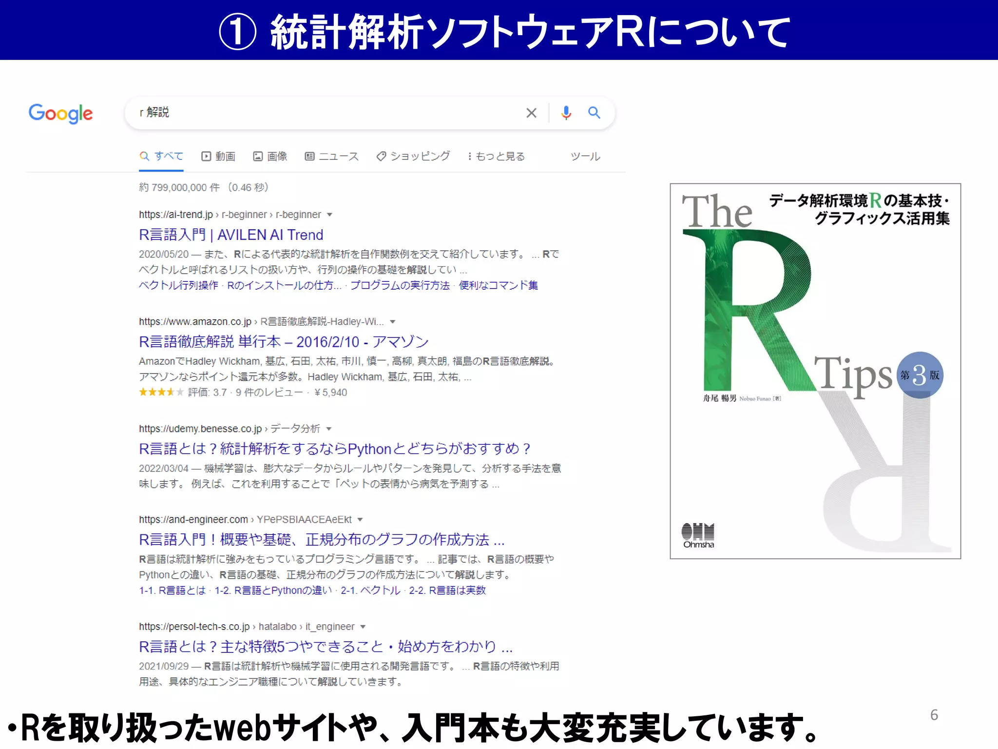 ① 統計解析ソフトウェアＲについて
・Rを取り扱ったwebサイトや、入門本も大変充実しています。
6
 