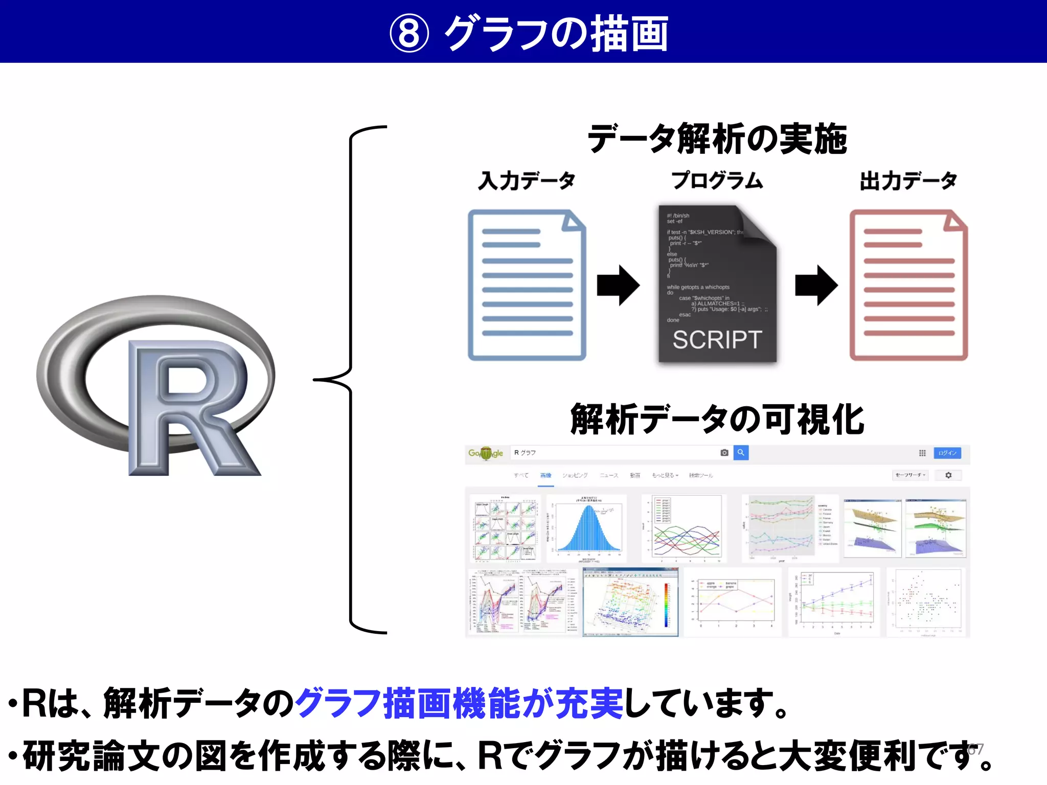 ⑧ グラフの描画
・Ｒは、解析データのグラフ描画機能が充実しています。
・研究論文の図を作成する際に、Ｒでグラフが描けると大変便利です。
データ解析の実施
解析データの可視化
67
 