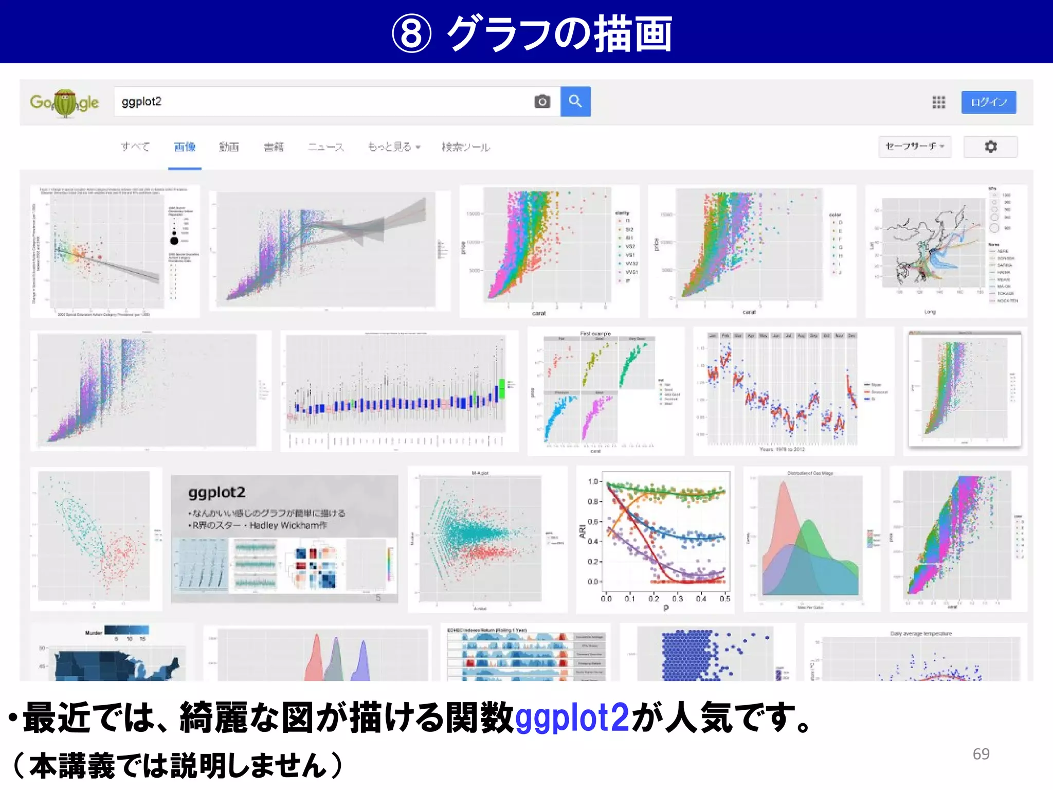 ⑧ グラフの描画
・最近では、綺麗な図が描ける関数ggplot2が人気です。
（本講義では説明しません）
69
 