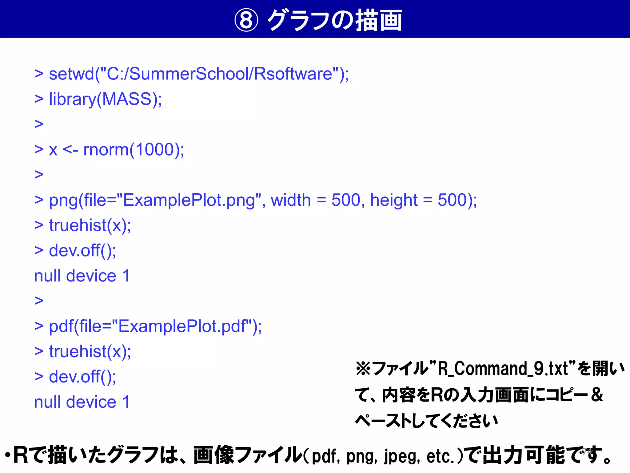 ⑧ グラフの描画
・Ｒで描いたグラフは、画像ファイル（pdf, png, jpeg, etc.）で出力可能です。
> setwd("C:/SummerSchool/Rsoftware");
> library(MASS);
>
> x <- rnorm(1000);
>
> png(file="ExamplePlot.png", width = 500, height = 500);
> truehist(x);
> dev.off();
null device 1
>
> pdf(file="ExamplePlot.pdf");
> truehist(x);
> dev.off();
null device 1
※ファイル”R_Command_9.txt”を開い
て、内容をＲの入力画面にコピー＆
ペーストしてください
74
 
