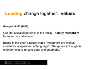 Leading change together: values
George Lakoff: (2009)
Our first social experience is the family. Family metaphors
frame our social values.
Based in the brain’s neural maps “metaphors are mental
structures independent of language”. “Metaphorical thought is
ordinary, mostly unconscious and automatic.”
 