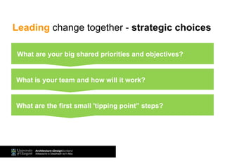 What are your big shared priorities and objectives?
What are the first small 'tipping point” steps?
What is your team and how will it work?
Leading change together - strategic choices
 