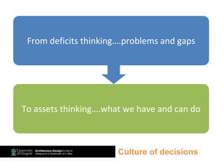 Culture of decisions
From deficits thinking….problems and gaps
To assets thinking….what we have and can do
 