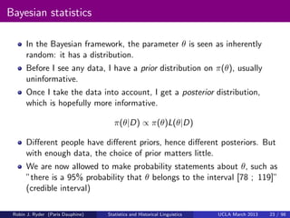 Bayesian statistics

      In the Bayesian framework, the parameter θ is seen as inherently
      random: it has a distrib...