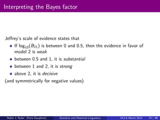 Interpreting the Bayes factor



Jeﬀrey’s scale of evidence states that
      If log10 (B21 ) is between 0 and 0.5, then t...
