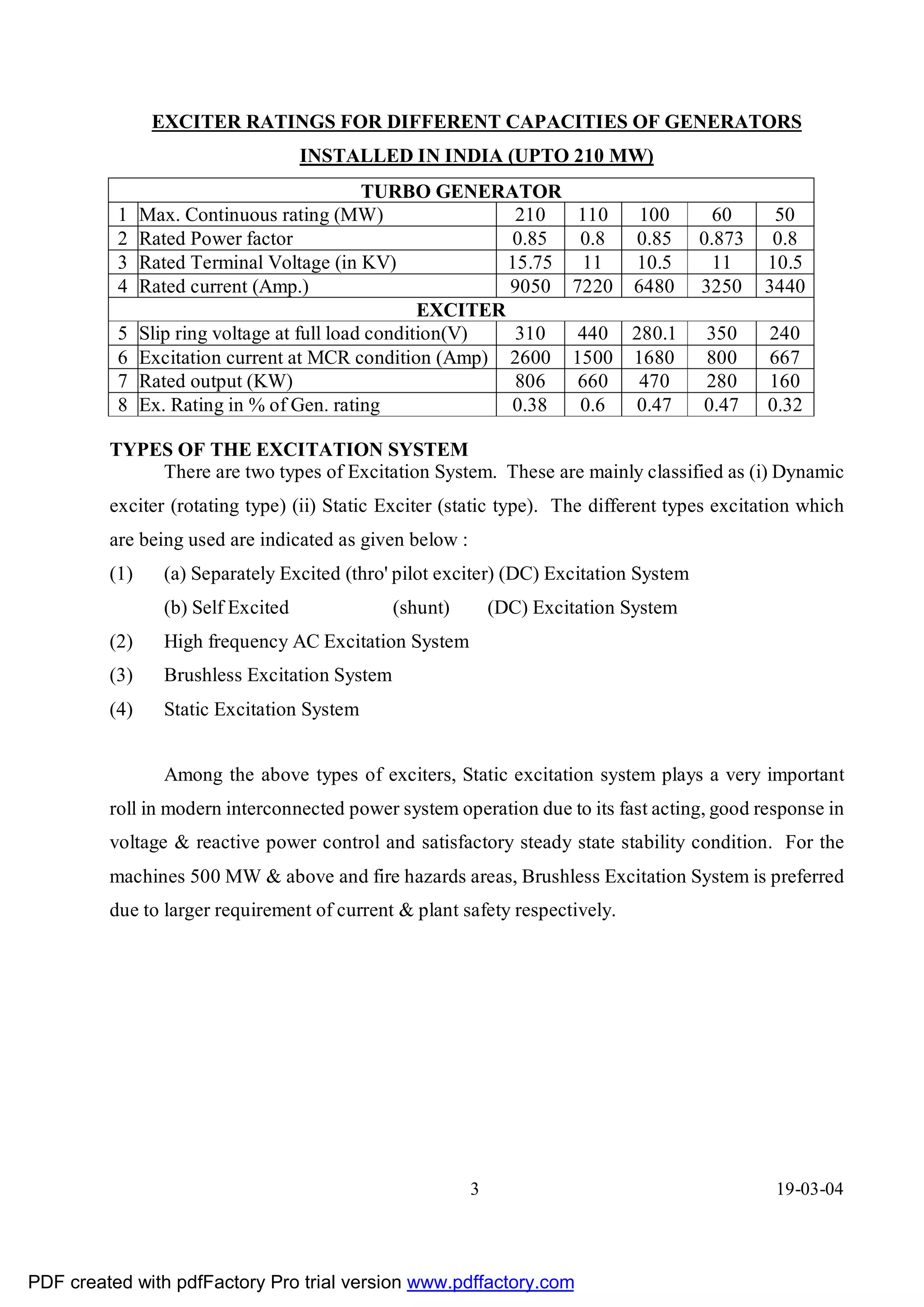 EXCITER RATINGS FOR DIFFERENT CAPACITIES OF GENERATORS
                                    INSTALLED IN INDIA (UPTO 210 MW)
                                             TURBO GENERATOR
          1    Max. Continuous rating (MW)                   210       110    100        60     50
          2    Rated Power factor                           0.85       0.8   0.85      0.873    0.8
          3    Rated Terminal Voltage (in KV)               15.75      11    10.5        11    10.5
          4    Rated current (Amp.)                         9050      7220   6480      3250    3440
                                                    EXCITER
          5    Slip ring voltage at full load condition(V)   310       440 280.1       350     240
          6    Excitation current at MCR condition (Amp) 2600         1500 1680        800     667
          7    Rated output (KW)                             806       660  470        280     160
          8    Ex. Rating in % of Gen. rating               0.38       0.6 0.47        0.47    0.32

         TYPES OF THE EXCITATION SYSTEM
             There are two types of Excitation System. These are mainly classified as (i) Dynamic
         exciter (rotating type) (ii) Static Exciter (static type). The different types excitation which
         are being used are indicated as given below :
         (1)     (a) Separately Excited (thro' pilot exciter) (DC) Excitation System
                 (b) Self Excited              (shunt)       (DC) Excitation System
         (2)     High frequency AC Excitation System
         (3)     Brushless Excitation System
         (4)     Static Excitation System


                 Among the above types of exciters, Static excitation system plays a very important
         roll in modern interconnected power system operation due to its fast acting, good response in
         voltage & reactive power control and satisfactory steady state stability condition. For the
         machines 500 MW & above and fire hazards areas, Brushless Excitation System is preferred
         due to larger requirement of current & plant safety respectively.




                                                         3                                      19-03-04




PDF created with pdfFactory Pro trial version www.pdffactory.com
 