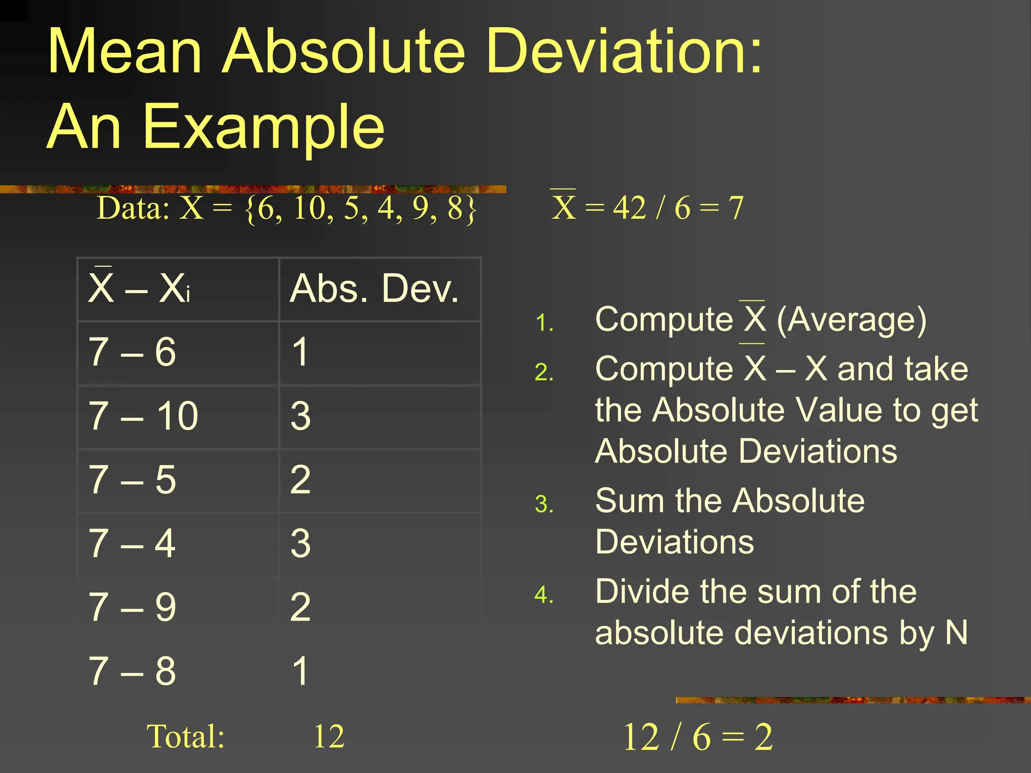 Mean Absolute Deviation:
An Example
1. Compute X (Average)
2. Compute X – X and take
the Absolute Value to get
Absolute Deviations
3. Sum the Absolute
Deviations
4. Divide the sum of the
absolute deviations by N
X – Xi Abs. Dev.
7 – 6 1
7 – 10 3
7 – 5 2
7 – 4 3
7 – 9 2
7 – 8 1
Data: X = {6, 10, 5, 4, 9, 8} X = 42 / 6 = 7
Total: 12 12 / 6 = 2
 