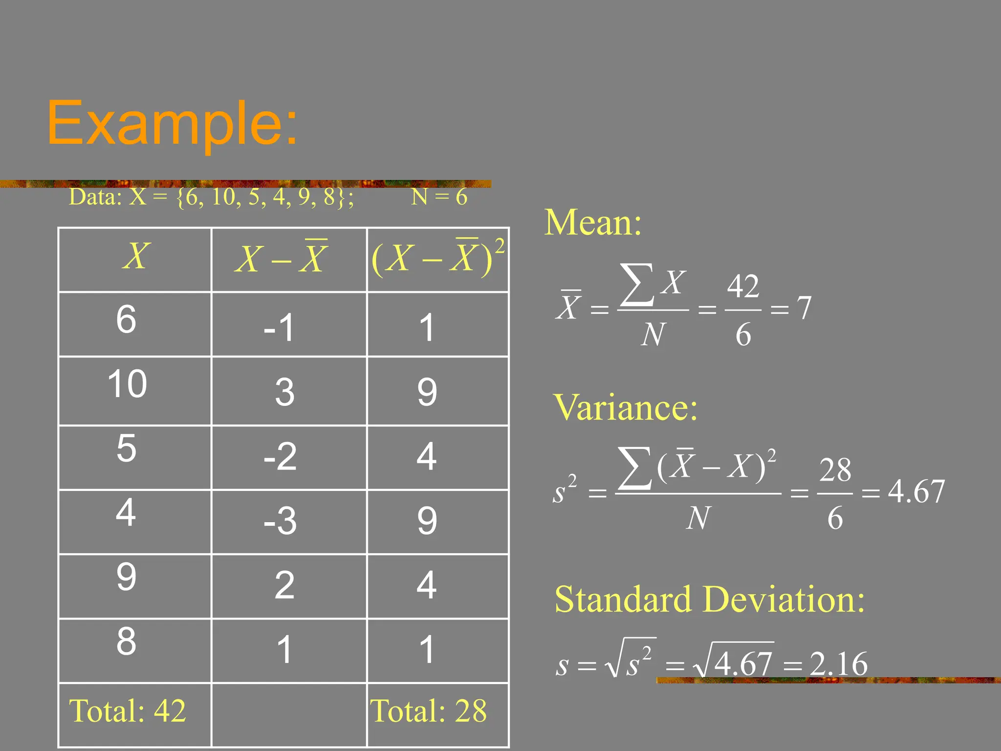 Example:
-1 1
3 9
-2 4
-3 9
2 4
1 1
Data: X = {6, 10, 5, 4, 9, 8}; N = 6
Total: 42 Total: 28
Standard Deviation:
7
6
42




N
X
X
Mean:
Variance:
2
2
( ) 28
4.67
6
X X
s
N

  

16
.
2
67
.
4
2


 s
s
X
X  2
)
( X
X 
X
6
10
5
4
9
8
 