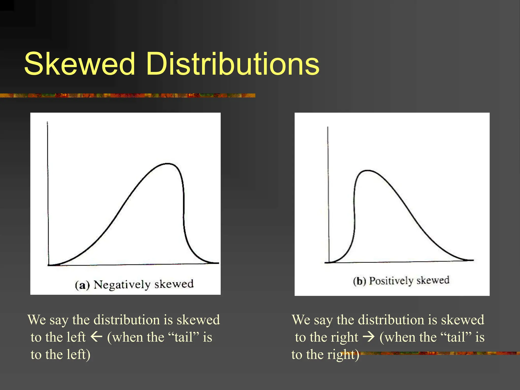Skewed Distributions
We say the distribution is skewed
to the left  (when the “tail” is
to the left)
We say the distribution is skewed
to the right  (when the “tail” is
to the right)
 
