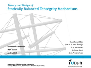 Theory and Design of Statically Balanced Tensegrity Mechanisms Graduation Colloquium Mark Schenk Department of BioMechanical Engineering Faculty of Mechanical, Maritime and Materials Engineering Exam Committee prof. dr. ir. Peter Wieringa dr. ir. Just Herder dr. Simon Guest dr. ir. Arend Schwab 