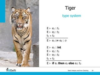 Static Analysis and Error Checking 20
Tiger
type system
E ⊢ e1 : t1
E ⊢ e2 : t2
t1 ≅ t2
E ⊢ e1 := e2 : ∅
E ⊢ e1 : int
E ⊢ e2 : t1
E ⊢ e3 : t2
t1 ≅ t2
E ⊢ if e1 then e2 else e3: t2
 