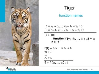 Static Analysis and Error Checking 24
Tiger
function names
E ⊕ v1 ↦ t1 ,…, vn ↦ tn ⊢ e1 : tf
E ⊕ f ↦ t1 × … × tn → tf ⊢ e2 : t
E ⊢ let
function f (v1 : t1, …, vn : tn) = e1
in e2: t
E(f) = t1 × … × tn → tf
e1 : t1
…
en : tn
E ⊢ f (e1, …, en) : t
 