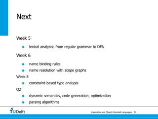 Imperative and Object-Oriented Languages
Next
Week 5
• lexical analysis: from regular grammar to DFA
Week 6
• name binding rules
• name resolution with scope graphs
Week 8
• constraint-based type analysis
Q2
• dynamic semantics, code generation, optimization
• parsing algorithms
31
 