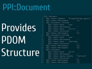 PPI::Document
Provides
PDOM
Structure
 