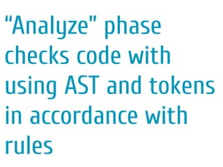 “Analyze” phase
checks code with
using AST and tokens
in accordance with
rules
 