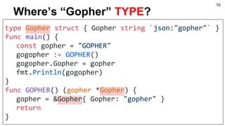 Where’s “Gopher” TYPE?
type Gopher struct { Gopher string `json:"gopher"` }
func main() {
const gopher = "GOPHER"
gogopher := GOPHER()
gogopher.Gopher = gopher
fmt.Println(gogopher)
}
func GOPHER() (gopher *Gopher) {
gopher = &Gopher{ Gopher: "gopher" }
return
}
10
 