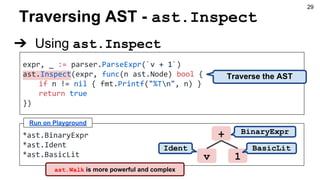 Traversing AST - ast.Inspect
➔ Using ast.Inspect
expr, _ := parser.ParseExpr(`v + 1`)
ast.Inspect(expr, func(n ast.Node) bool {
if n != nil { fmt.Printf("%Tn", n) }
return true
})
Traverse the AST
*ast.BinaryExpr
*ast.Ident
*ast.BasicLit
Run on Playground
ast.Walk is more powerful and complex
+
v 1
BinaryExpr
Ident BasicLit
29
 