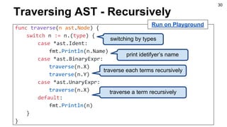 Traversing AST - Recursively
func traverse(n ast.Node) {
switch n := n.(type) {
case *ast.Ident:
fmt.Println(n.Name)
case *ast.BinaryExpr:
traverse(n.X)
traverse(n.Y)
case *ast.UnaryExpr:
traverse(n.X)
default:
fmt.Println(n)
}
}
print idetifyer’s name
traverse each terms recursively
switching by types
Run on Playground
traverse a term recursively
30
 