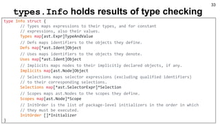 types.Info holds results of type checking
type Info struct {
// Types maps expressions to their types, and for constant
// expressions, also their values.
Types map[ast.Expr]TypeAndValue
// Defs maps identifiers to the objects they define.
Defs map[*ast.Ident]Object
// Uses maps identifiers to the objects they denote.
Uses map[*ast.Ident]Object
// Implicits maps nodes to their implicitly declared objects, if any.
Implicits map[ast.Node]Object
// Selections maps selector expressions (excluding qualified identifiers)
// to their corresponding selections.
Selections map[*ast.SelectorExpr]*Selection
// Scopes maps ast.Nodes to the scopes they define.
Scopes map[ast.Node]*Scope
// InitOrder is the list of package-level initializers in the order in which
// they must be executed.
InitOrder []*Initializer
}
33
 